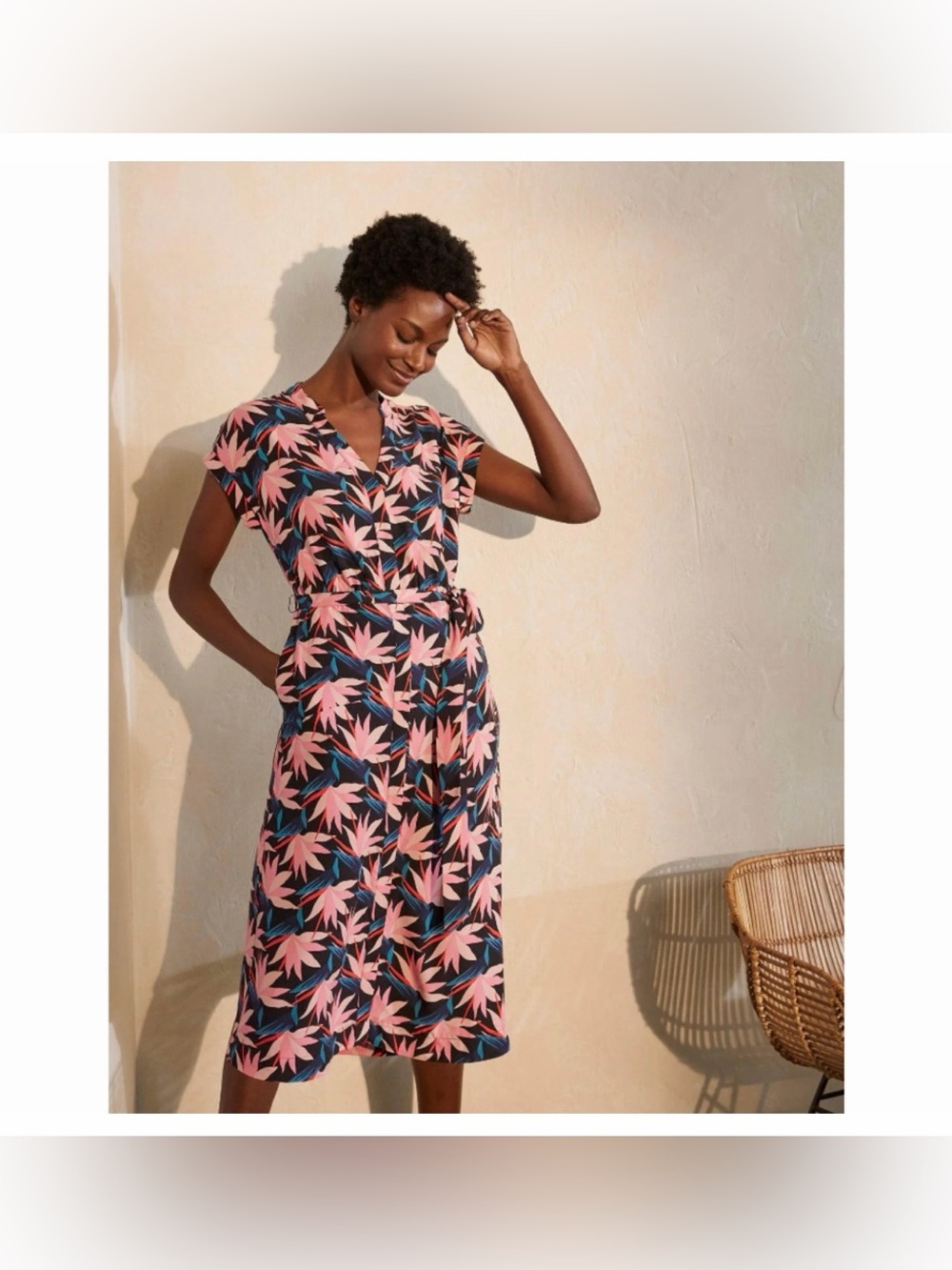 Boden Nicola Black Pink Bird of Paradise Button Up Midi Shirt Dress Size 8